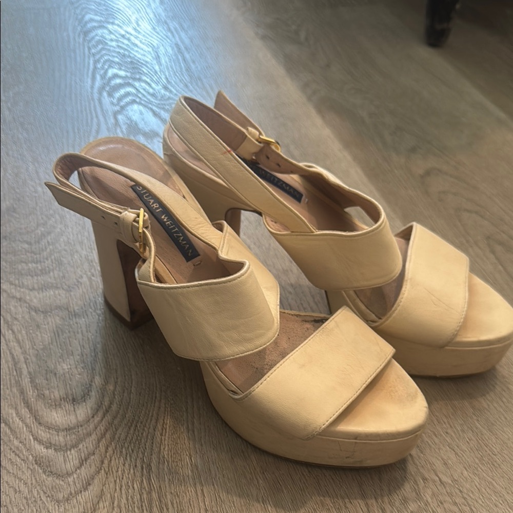 Stuart Weitzman Cream Platform Sandals with Ankle Strap